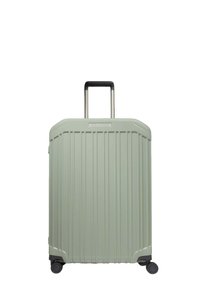 Maleta rígida en verde claro, con ranuras verticales, asa negra retráctil, cuatro ruedas y un acabado elegante y suave.