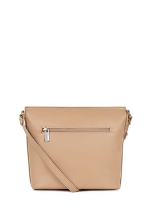 Sac bandoulière beige avec sangle réglable, forme rectangulaire et poche extérieure zippée à l’avant.