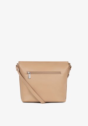 Sac bandoulière beige avec sangle réglable, forme rectangulaire et poche extérieure zippée à l’avant.