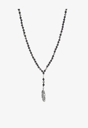 Black beaded necklace featuring varying textures, with a silver feather pendant as a notable detail. Beads include matte and glossy finishes.