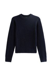 Maglione azzurro navy, con collo rotondo, realizzato in un tessuto morbido e strutturato, con maniche lunghe e orlo cropped. Design semplice senza decorazioni.