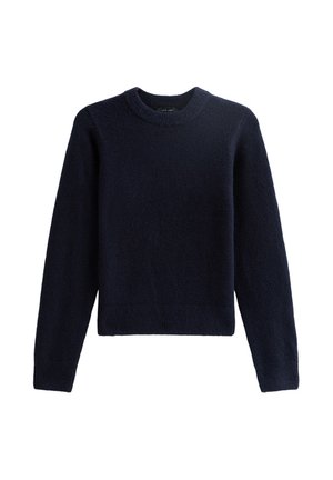 Maglione azzurro navy, con collo rotondo, realizzato in un tessuto morbido e strutturato, con maniche lunghe e orlo cropped. Design semplice senza decorazioni.