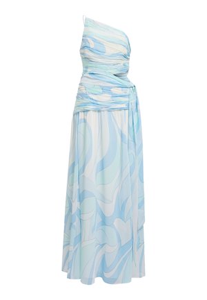 Μάξι φόρεμα με ρίγες σε έναν ώμο, με μπλε και λευκό αφηρημένο στροβιλώδες μοτίβο και κορδέλα στη μέση στο πλάι.