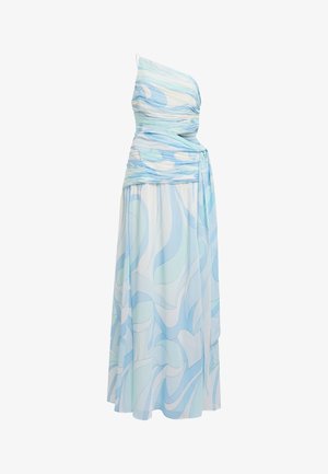 Μάξι φόρεμα με ρίγες σε έναν ώμο, με μπλε και λευκό αφηρημένο στροβιλώδες μοτίβο και κορδέλα στη μέση στο πλάι.