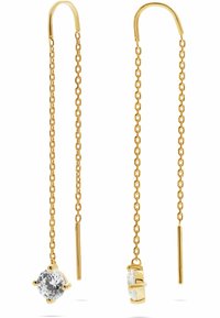 Orecchini pendenti in tonalità oro con un design a catena, punti di gemme trasparenti alle estremità. Gli orecchini hanno uno stile minimale con ganci allungati.