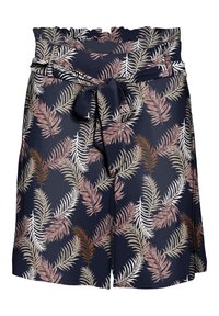 Navy siniset shortsit, joissa on röyhelövyötärö ja nauhavyö, jossa on valkoisia ja vaaleanpunaisia trooppisia lehtiä eri suuntiin.