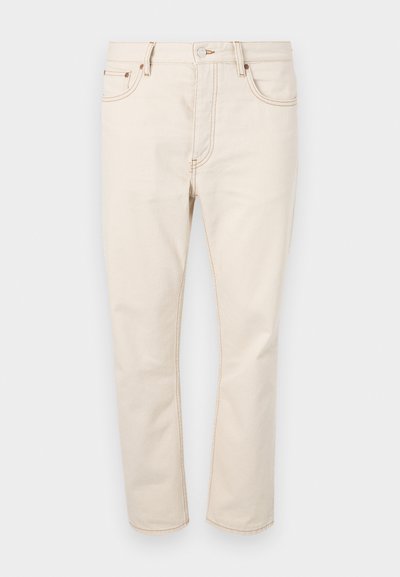 Jeans din denim bej cu croială dreaptă, având cinci buzunare, cusături contrastante și închidere cu nasture la brâu.