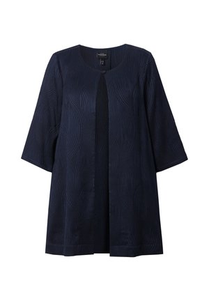 Giacca testurizzata blu navy con scollatura rotonda, apertura frontale e maniche a tre quarti. Presenta un motivo a onde e una vestibilità comoda.