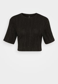 Černý zkrácený top s krátkými rukávy, texturovaná látka se svislými pruhy a jemnými třpytivými akcenty. Kulatý výstřih, minimalistický design.