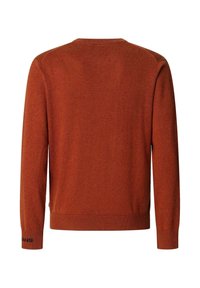 Pull à manches longues col rond couleur rouille avec poignets et ourlet côtelés, dos uni et texte noir discret sur le poignet gauche.