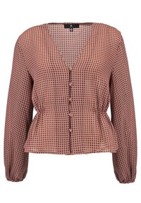 Halenka s dlouhým rukávem a výstřihem do V v kostkovaném vzoru s peplum pasem. Vyrobena z lehkého materiálu v růžovo-černé barevné kombinaci.