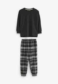 Schwarz langärmliges Shirt mit geripptem Halsausschnitt, kombiniert mit schwarzen und grauen karierten Schlafanzughosen mit einem elastischen Bund und grauen Bündchen.