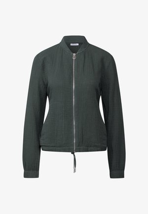 Dunkelgrüne Bomberjacke aus strukturiertem Material, mit Reißverschluss vorne, elastischen Bündchen und einem Kordelzug am Saum.
