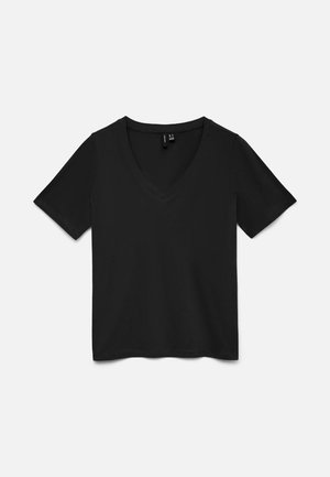 Must lühikeste varrukatega V-kaelusega T-särk, mis on tasandil laotatud, näidates esikülge lihtsa disainiga, ilma nähtavate mustrite või logodeta.