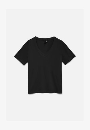 Melnas, īsām piedurknēm V veida kakla T-krekls, izklāts plakani, redzama priekšpuse ar vienkāršu dizainu bez redzamām rakstiem vai logotipiem.