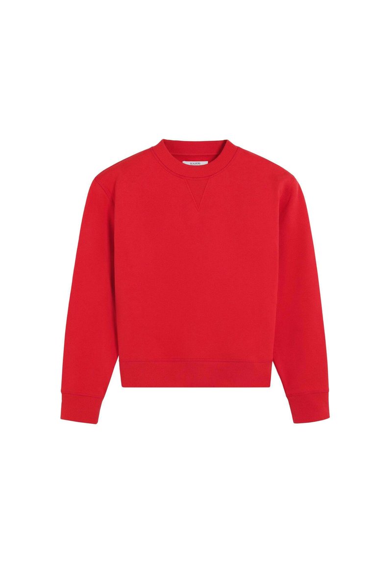 Punainen crewneck-huppari, jossa on pitkät hihat sekä resorit hihoissa ja helmassa, esitelty valkoista taustaa vasten.