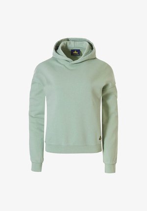 Mintgrüner Hoodie mit entspanntem Schnitt, großer Kapuze und gerippten Bündchen. Mit minimalem Branding am Saum und weichem, strukturiertem Stoff.