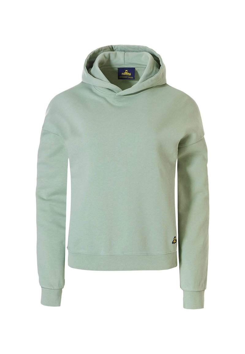 Mintgroene hoodie met een relaxte pasvorm, grote capuchon en geribde manchetten. Bevat minimale branding aan de zoom en een zachte textuur.