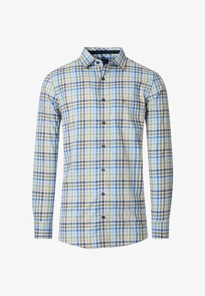 Herren Langarm-Hemd mit Knopfleiste im mehrfarbigen Karomuster, das Blau-, Grün- und braune Farbtöne aufweist, mit klassischem Kragen und Brusttasche.