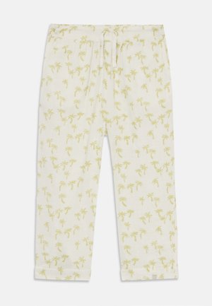 Könnyű pamut nadrág, pasztell zöld pálmafás mintával, krém színű háttéren, állítható zsinóros derékkal.