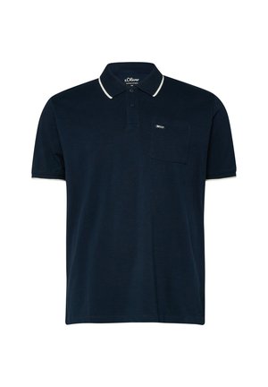 Navyblauw poloshirt met korte mouwen met witte bies aan kraag en mouwen, voorzak en knoopsluiting.