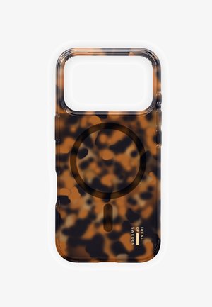 Gennemsigtigt telefoncover med skildpaddeprint i nuancer af brunt og sort. Har et cirkulært magnetområde og logo i bunden.