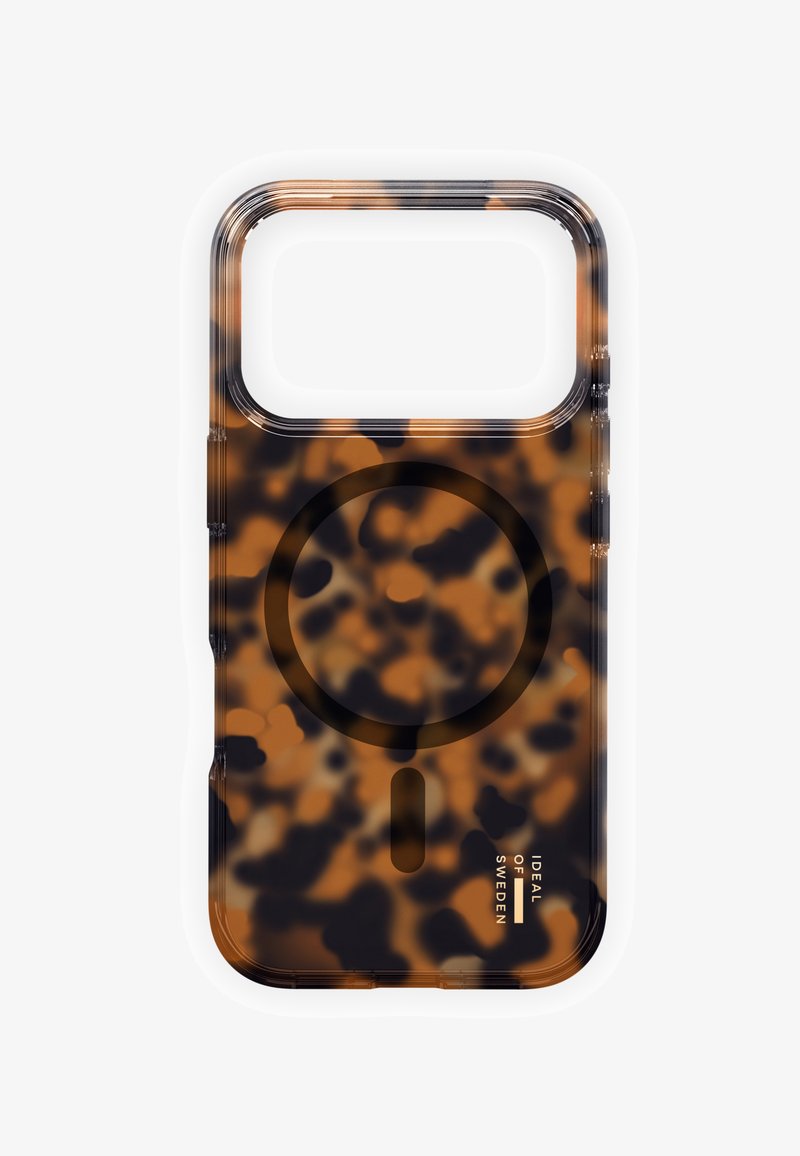 Gennemsigtigt telefoncover med skildpaddeprint i nuancer af brunt og sort. Har et cirkulært magnetområde og logo i bunden.