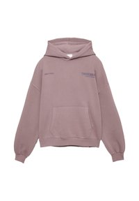 Hoodie u prigušenoj mauve tkanini s opuštenim krojem, prednjim džepom i otisnutim natpisom: "DRŽI TO STVARNO" i "VJEČNO". Mekana tekstura.