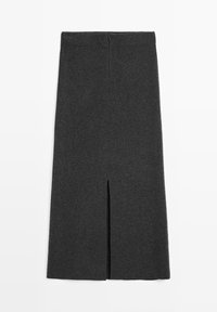 Gonna midi dritta grigio scuro con spacco frontale e cerniera nascosta sul retro su sfondo bianco.