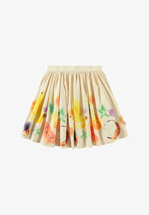 Laskostettu hame, joka on valmistettu kevyestä beigeestä kankaasta, jossa on värikkäitä hedelmäaiheisia akvarelliprinttejä. Hameessa on joustava vyötärö ja laskostettu muotoilu.