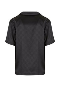 Schwarzes kurzärmliges Hemd aus glattem Stoff. Verfügt über ein dezentes geprägtes Muster und ein klassisches Kragen-design.