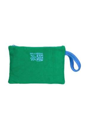 Zielona saszetka Billabong z niebieskim suwakiem i paskiem na nadgarstek, na przedniej stronie niebieskie logo z motywem kwiatowym.