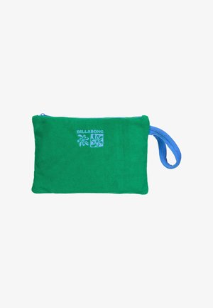 Bustina verde Billabong con cerniera blu e cinturino da polso, logo floreale stampato in blu sul davanti.