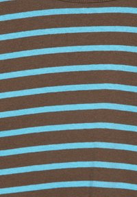 Brown fabric with evenly spaced horizontal light blue stripes, showing a close-up view of the textile pattern.