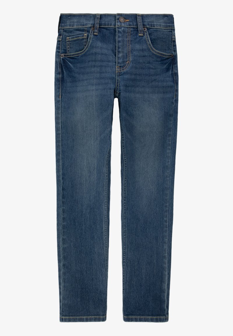 Jean en denim bleu coupe droite, avec cinq poches, passants de ceinture et fermeture par bouton à la taille.