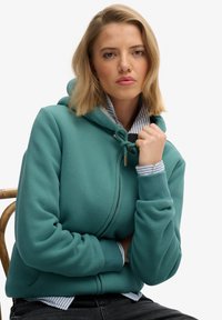 Sudadera con cremallera en color verde azulado y cordón, con puños acanalados y un diseño ajustado. Lleva una camisa de rayas con cuello debajo. Material cómodo.