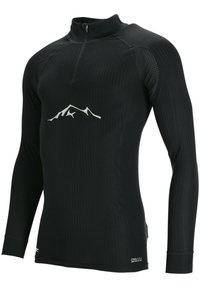 Zwarte longsleeve shirt met een halve rits kraag, geribbelde textuur en een witte bergafbeelding op de borst. Gemaakt van Coolmax-materiaal.