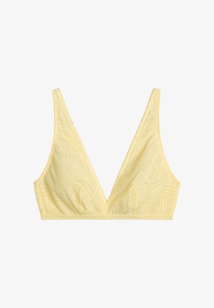 Lichtgele kanten bralette met brede bandjes en een diepe V-hals, voorzien van een subtiel geometrisch patroon en een zachte elastische band onder de buste.