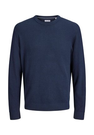 Herre navyblå, struktureret, strikket langærmet rundhalset sweater med ribstrikkede manchetter og kant.
