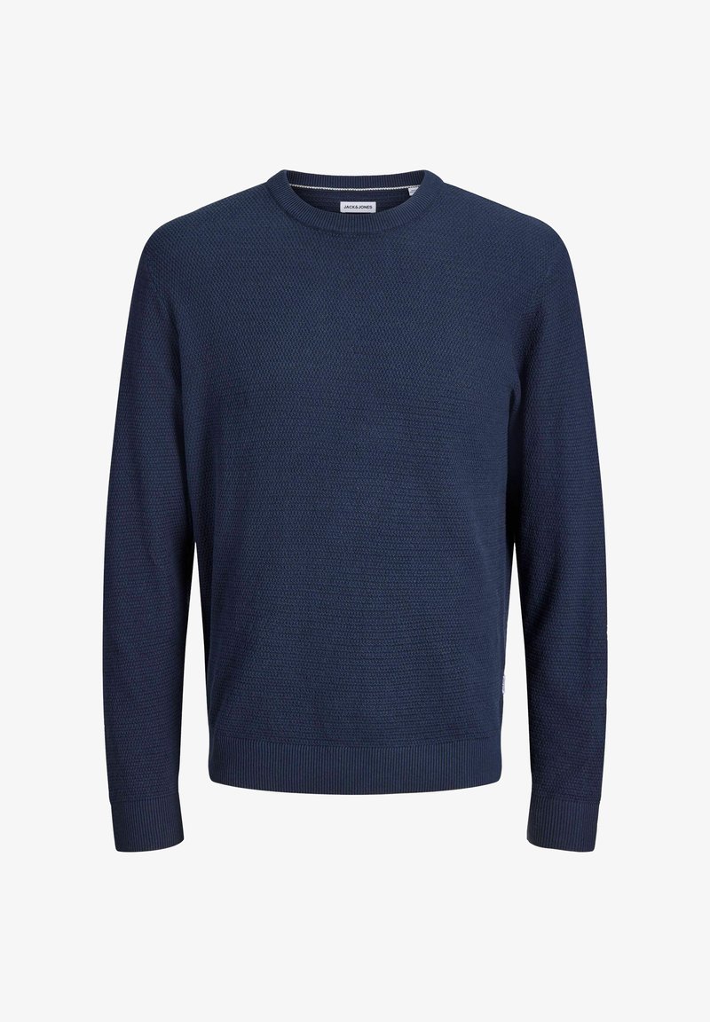 Pull homme bleu marine texturé en maille, manches longues, col rond, avec poignets et ourlet côtelés.