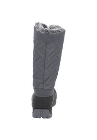 Grijze geïsoleerde kniehoge laars met een bovenwerk van gequilt stof en nepbont afwerking. Dikke rubberen zool ontworpen voor grip.