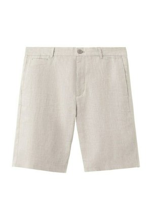 Světle béžové šortky ke kolenům s knoflíkovým zapínáním, poutky na opasek a předními kapsami, zobrazené na bílém pozadí.