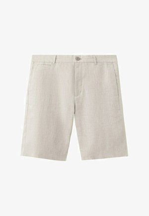Hellbeige knielange Shorts mit Knopfverschluss, Gürtelschlaufen und Vorderentaschen, dargestellt vor weißem Hintergrund.