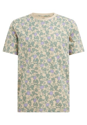 Korte mouwen t-shirt van zachte katoen met een licht beige achtergrond, voorzien van groene bladeren en paarse bloemen in een herhalend bloemenpatroon.