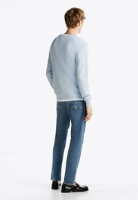 Maglione azzurro chiaro lavorato a maglia con motivo strutturato, girocollo, maniche lunghe, abbinato a jeans blu e scarpe nere. Vista posteriore mostrata.