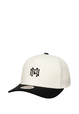 Casquette blanche avec un pic noir, ornée du logo brodé "M & N" en noir à l'avant. Fabriquée en tissu à la texture lisse.
