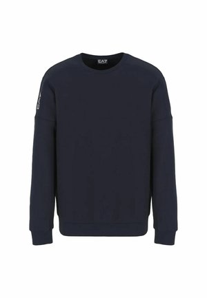 Felpa blu navy realizzata in tessuto morbido, con scollatura rotonda, maniche lunghe e un dettaglio con logo sulla spalla.