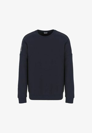 Felpa blu navy realizzata in tessuto morbido, con scollatura rotonda, maniche lunghe e un dettaglio con logo sulla spalla.