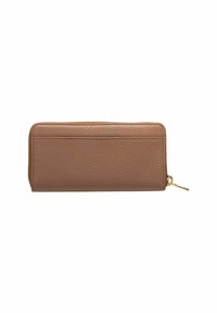 Portafoglio in pelle marrone con superficie testurizzata, chiusura a zip e dettagli in metallo dorato. Forma rettangolare con un design essenziale.