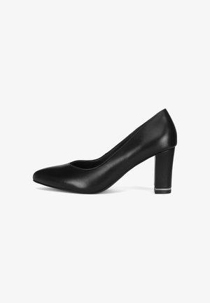 Schwarzer High-Heel-Pumps aus Leder mit spitzer Kappe und stabilem Blockabsatz. Glatte Textur und minimalistisches Design ohne Verzierungen.